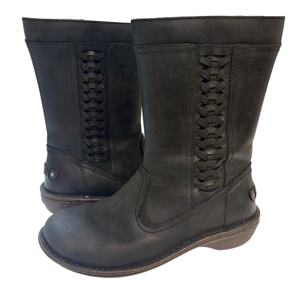Ugg Boots Kaleen Black Leather Woven Mid Calf Shearling 1006083 Womens 6 Moto - Picture 7 of 10